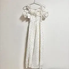 GRL ru1165 ドット柄フリルオフショルダーフレアロングワンピース