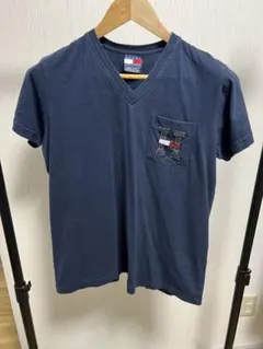 トミーヒルフィガー Vネック Tシャツ L 紺 ポケット ビーズロゴ Hマーク