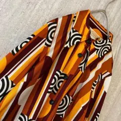 ヴィンテージ ブラウス 総柄 幾何学模様 個性派 レトロ ホワイト 茶 オレンジ