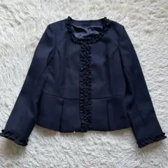 極美品✨ノーカラージャケット フリル　ネイビー　セレモニー　大きいサイズ