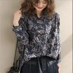 ✨美品✨ 春夏 トップス ブラウス 長袖 薄手　ネイビー系