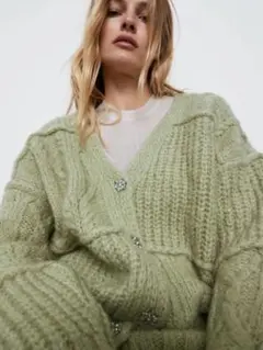 ZARA パッチワークニットカーディガン M ビジューボタン　グリーン