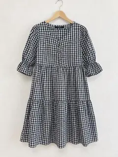 OFALO ギンガムチェック ティアードチュニック ミニワンピース M 黒白