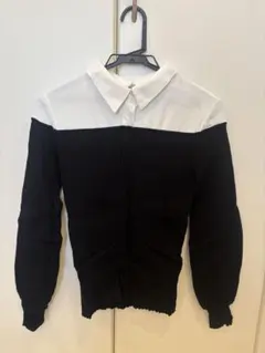 リブ編み黒白長袖シャツ