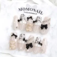 427 現品ネイルチップ フレンチガーリー ワンホン 量産型 フリル くまちゃん