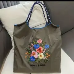 刺繍エコバッグ　花　Mサイズ