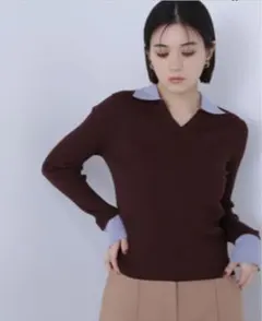 ブラウン Vネックニット 長袖 ナチュラルビューティーベーシック