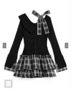 GRL チェック柄ドッキングワンショルダーリボンフリルニットワンピース
