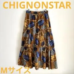 シニオンスター　ティアードフレアスカート　リーフ柄　綿麻混　Mサイズ