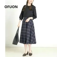 【☆新品未使用品★】OFUON　オフオン　チェックフレアスカート　ネイビー