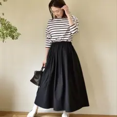 OURHOME シワになりにくいロングスカート ブラック ウエストゴム