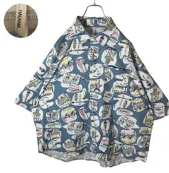 グッドデザイン古着 淡いカラー総柄×テロテロ素材半袖シャツ ビッグサイズ