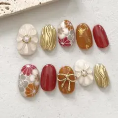 サイズオーダー◾️ネイルチップ　成人式　振袖　和柄　前撮り　赤　オレンジ　ボルドー