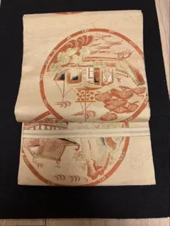 2959 正絹 袋帯 金糸 楼閣風景文様 ベージュ系 着物 和装