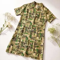 70s幾何学柄シャツワンピース M リネン風 レトロ ハーフボタン グリーン系