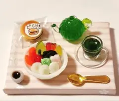 ハンドメイドミニチュア　ミニチュアスイーツ　あんみつ　どら焼　グリーンティー