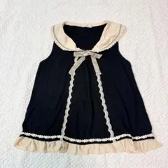 アクシーズファム ノースリーブ 異素材ニット M レース リボン付 黒ベージュ