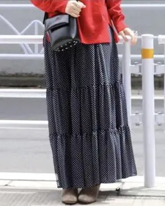 ジャーナルスタンダード　ドット　ティアードロングスカート　ネイビー　手洗い可能