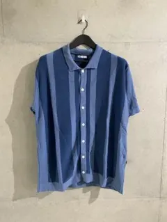 ZARAストライプ 半袖　ニットシャツ 青系　⑨