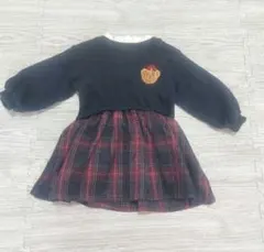 Petit main クマ刺繍付きネイビーチェックワンピース 90サイズ