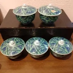 美品　有田焼　蓋付き湯呑　聖山窯　5客 　濃唐草　牡丹　汲出揃