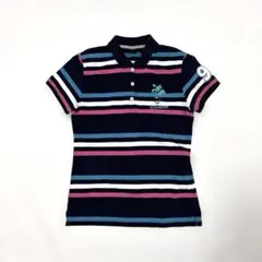KISS MARK キスマーク レディース 半袖ポロシャツ M ストライプ 刺繍