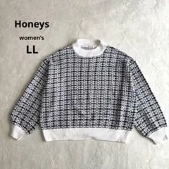 【ハニーズ】ニット セーター チェック柄 白 黒 クルーネック LL 極美品