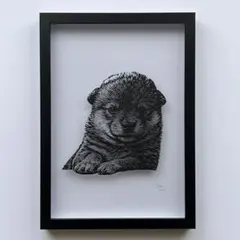 【原画】切り絵『柴犬（仔犬）』23cm×32cm　アート　絵画　額縁　インテリア