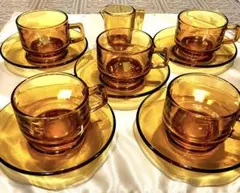 カップ&ソーサー&ミルクピッチャーセット 昭和レトロ　アンバー　琥珀色1️⃣未使用品