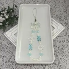F-3 ハンドメイド　グミベアビーズのストラップ　ライトブルー　水色