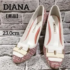 【美品】DIANA ダイアナ レッド系 ツイード パンプス ハイヒール バックル
