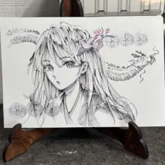 【原画】女性の肖像画 花と鳥のデザイン