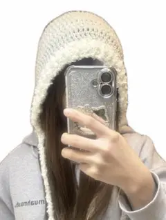 ハンドメイド もこもこフード帽 バラクラバ グレー