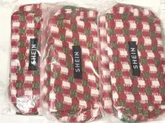 SHEIN ニット ポーチ 赤 緑 白 チェック 3点セット