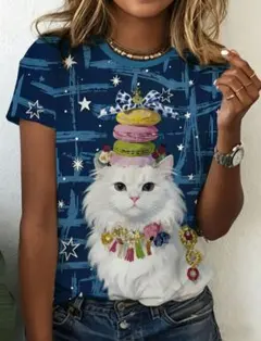 猫ちゃんとマカロンプリント★半袖Tシャツ★Ｌ～