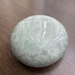 茶道具　諏訪蘇山作　青磁　桃香合　堀内宗完(兼中斎)書付　共箱　V　7191 茶道具 諏訪蘇山作 青磁 桃香合 堀内宗完(兼中斎)書付 共箱