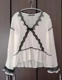 ZARA BASIC レース装飾 ホワイト シフォンブラウス　ガーリーブラウス
