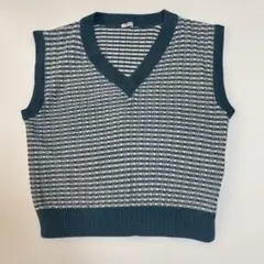 ニットベスト ダークグリーン ホワイト ストライプ Mサイズ