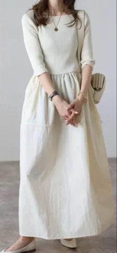 ボンジュールサガン　スクエアネックニットコンビコクーンワンピース　アイボリー