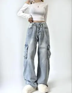 カーゴデニムパンツ ライトブルー ワイド ダメージ加工 韓国