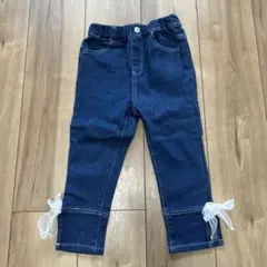 【美品】デニム ハーフパンツ リボン付き ダークブルー デニムパンツ 女の子