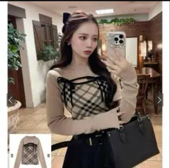 GRL チェック柄フロントオープンリボンニットトップス ［ru1374］