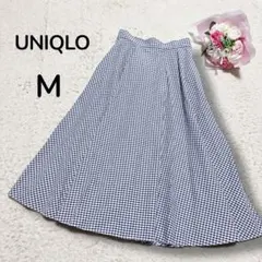 【ユニクロ UNIQLO】紺白ギンガムチェック　サーキュラースカート　後ろゴムM