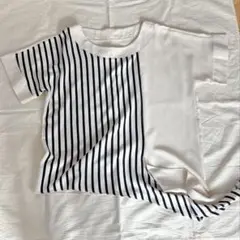 美品✨レディーストップス 半袖 ストライプ 切替 リボン