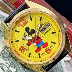 【可愛いミッキー】 SEIKO メンズ腕時計 イエロー 自動巻き アンティーク