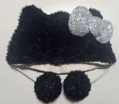 即日発送　USJ　ボアファンキャップ　ハローキティ　ブラック　スパンコールリボン