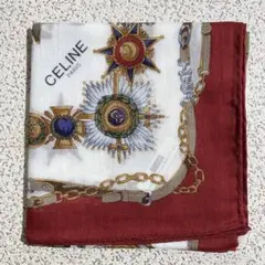 CELINE　セリーヌ　ハンカチ　勲章柄　ワインレッド系　約46cm