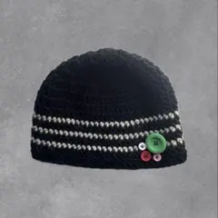 ビーニー クラッシャーハット ニット帽 ボーダー ボタン ハンドメイド 編み物