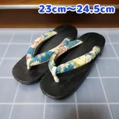 手焼桐下駄　23cm〜24.5cm　黒　青色　花柄　レディース　女性
