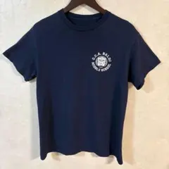 ワンポイント　アニマルプリント　ブルドック　Tシャツ　ネイビー　採寸Sサイズ程度